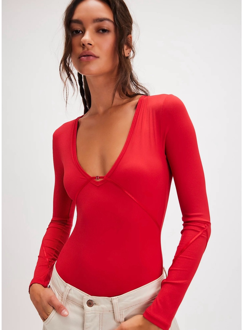 Free People Red Long-Sleeve V-Neck Bodysuit